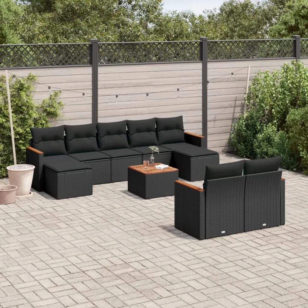 Set divani da giardino 10pz con cuscini in polyrattan nero