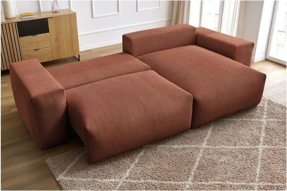 Divano angolare color terracotta allungabile e con contenitore rivestito in velluto a coste Voltaire – Bobochic Paris