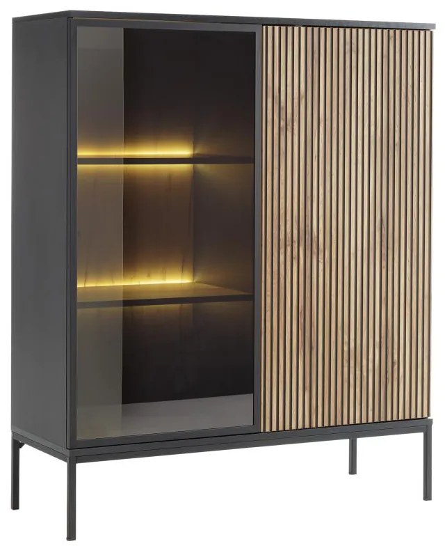 Vetrina 2 ante con LED in MDF e Vetro fumé Nero e Naturale - OVILA