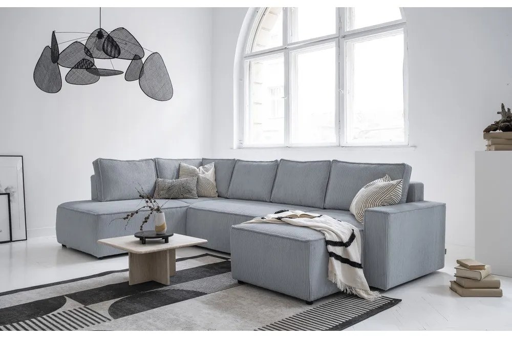 Divano letto angolare in velluto a coste grigio chiaro Brave Dave - Miuform