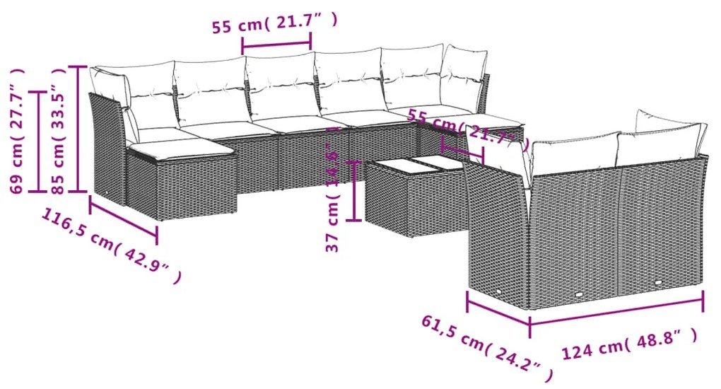 Set divano giardino 10 pz con cuscini grigio chiaro polyrattan