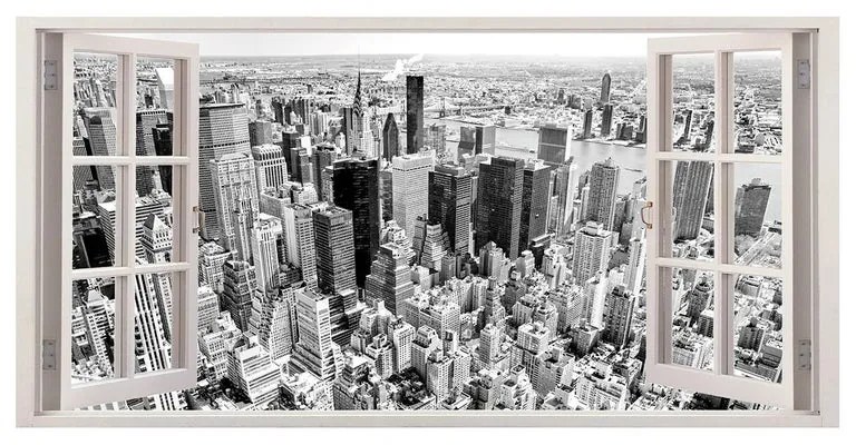 Stampa su tela Finestra New York, bianco e nero 70 x 140 cm