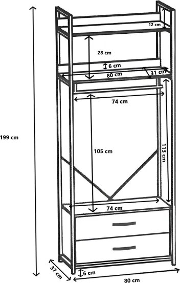 Armadio in metallo nero 80x37 cm doppio cassetto ripiani legno e appendiabiti