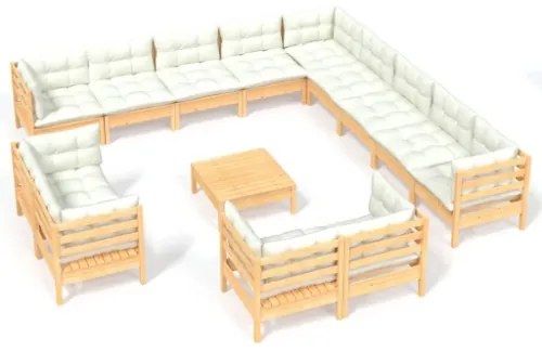 Set Divani da Giardino 14 pz con Cuscini Crema Massello di Pino