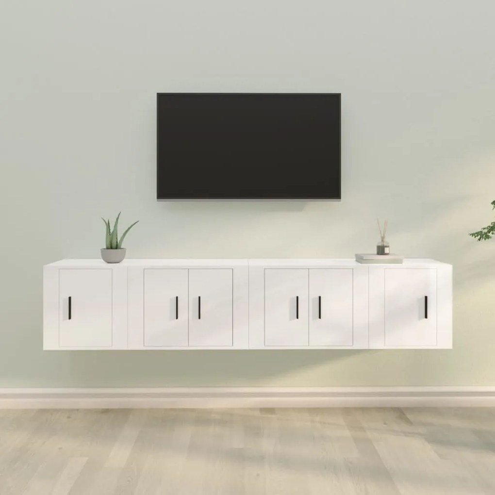 Set Di Mobili Porta Tv 4 Pz Bianco Lucido İn Legno Multistrato /