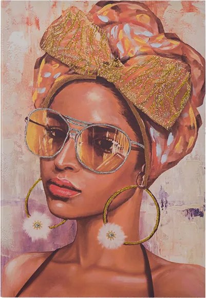 Quadro moderno verticale su tela 60x90 cm ritratto donna con decori in tessuto