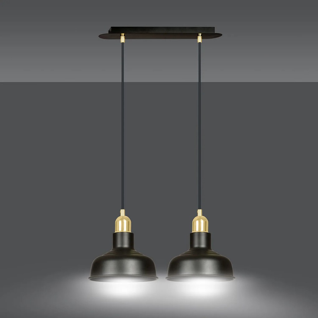 Lampadario Industrial 2 Luci Kubera In Acciaio Nero Con Elementi In Oro