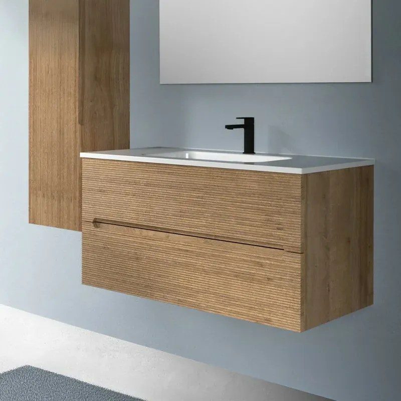 Mobile bagno sospeso 100 rovere cannettato 2 cassetti lavabo e specchio Rigo