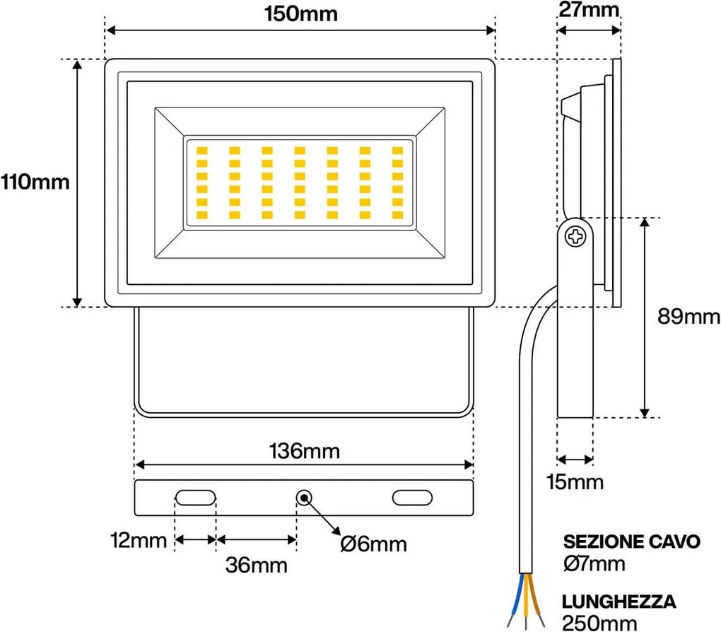 Faro LED 30W IK07 IP65 Bianco Colore Bianco Caldo 3.000K