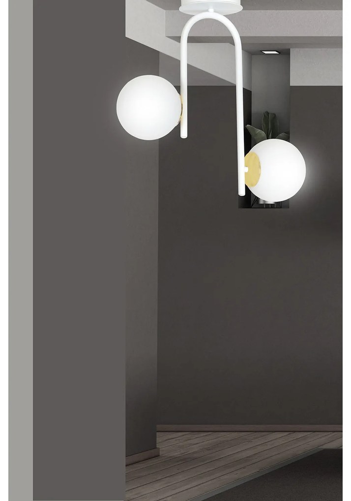 Lampadario 2 Luci Kalf In Acciaio Bianco A Bracci E Sfere In Vetro Opalino E Oro