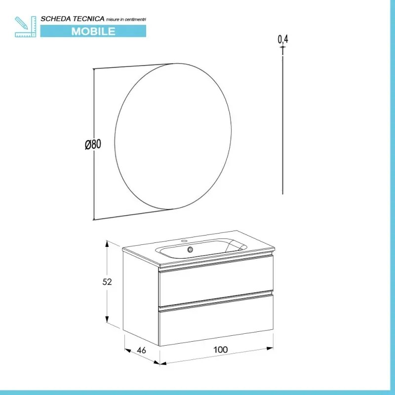 Mobile bagno sospeso 100 cm grigio cemento con lavabo e specchio Master