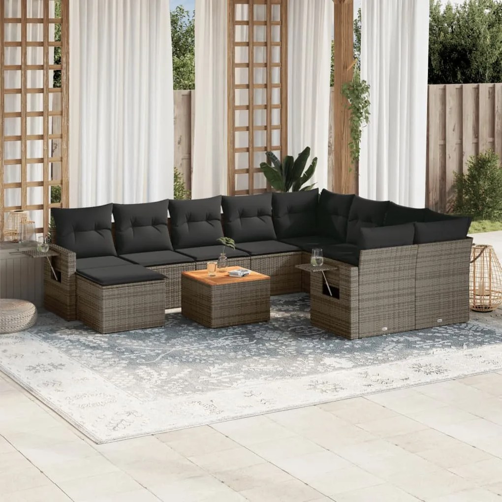 Set divani da giardino 11 pz con cuscini in polyrattan grigio