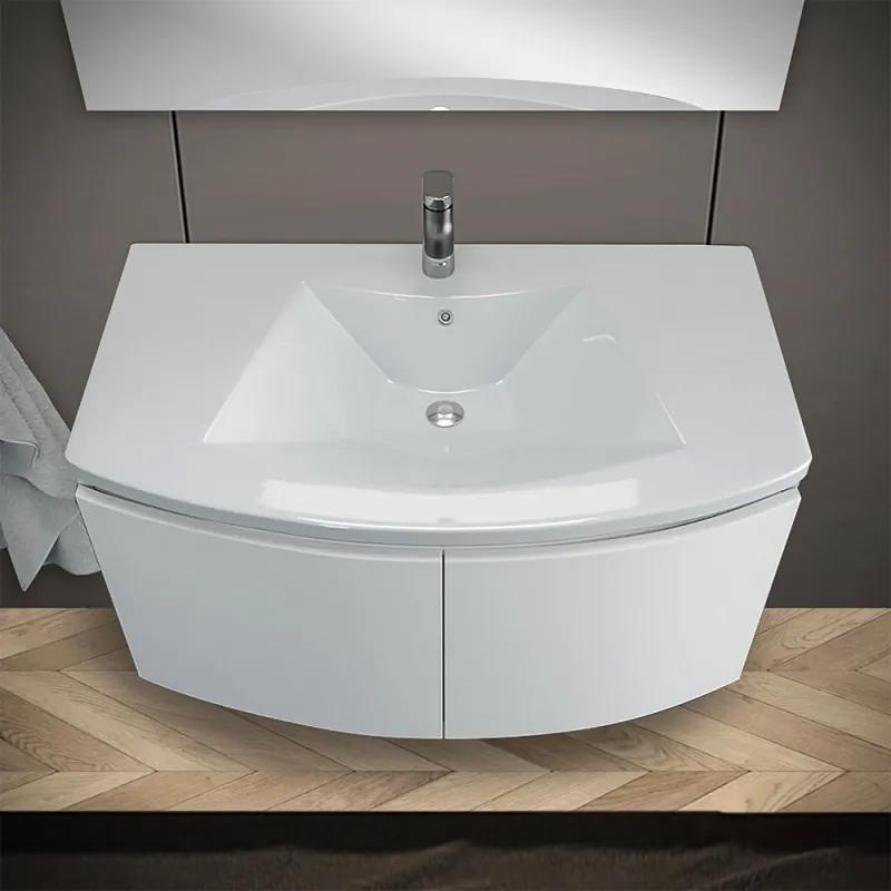 Mobile bagno sospeso curvo 80 cm bianco lucido con lavabo e specchio
