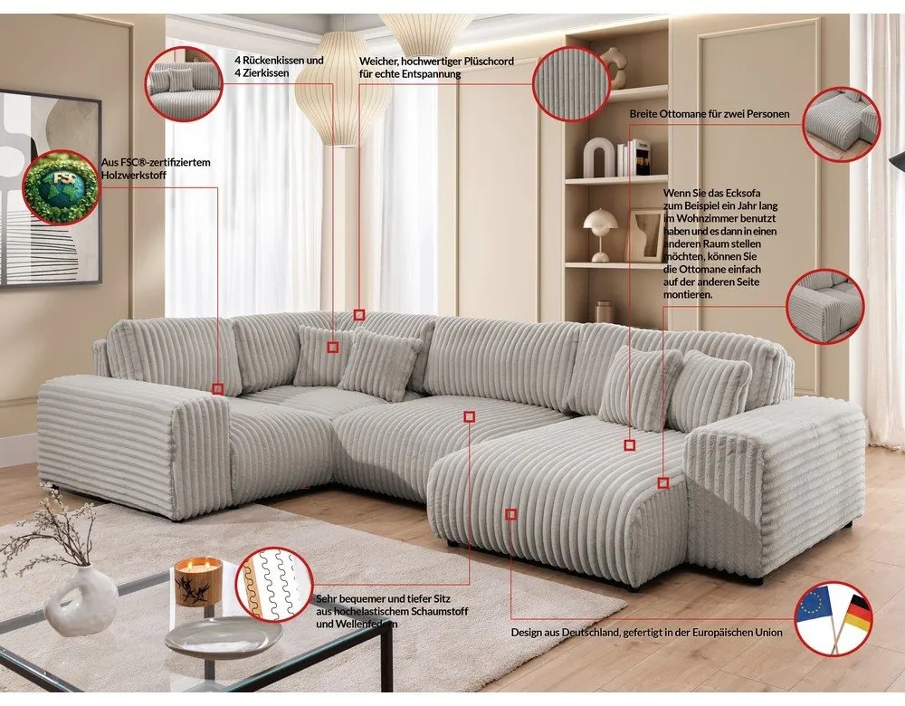 Divano angolare grigio chiaro (con penisola a sinistra/a U) rivestito in velluto a coste Justin – Ropez