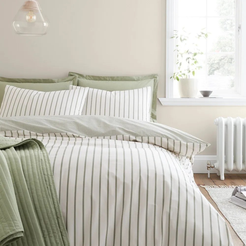 Set copripiumino e federa verde e color crema in cotone per letto singolo 135x200 cm Hampton Stripe – Bianca