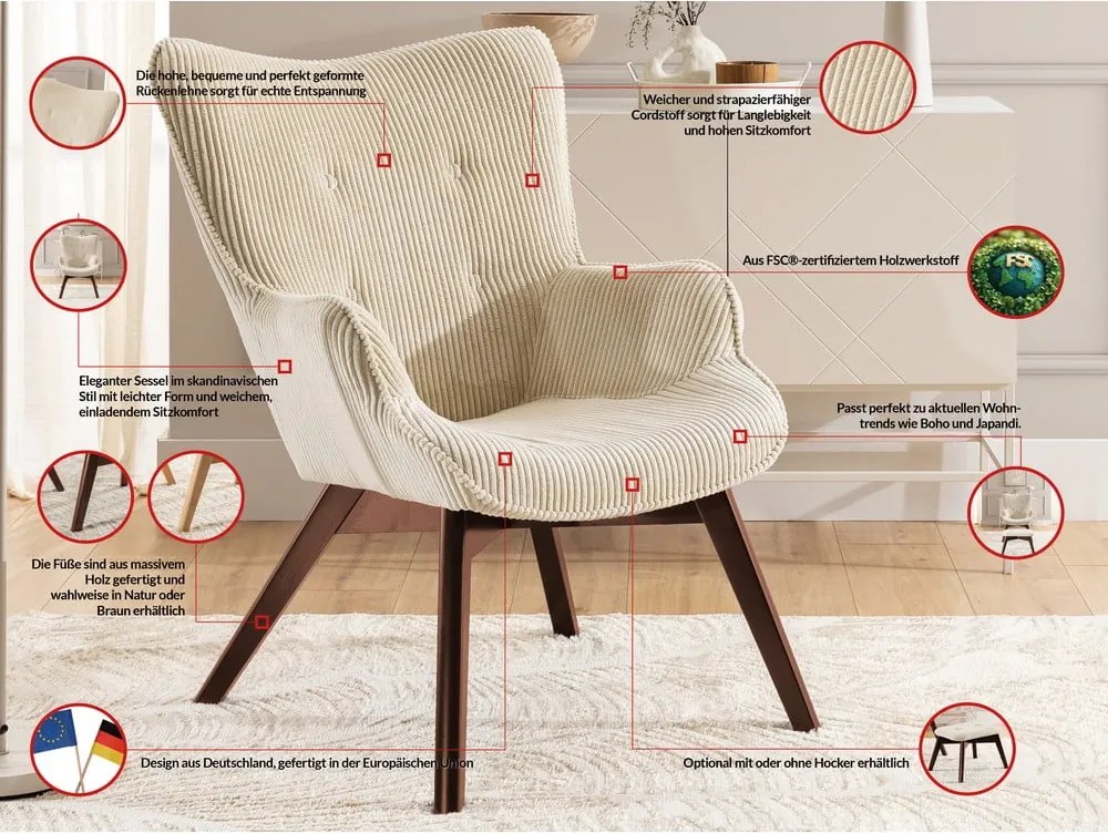 Poltrona con poggiapiedi beige con rivestimento in velluto a coste Niko – Ropez