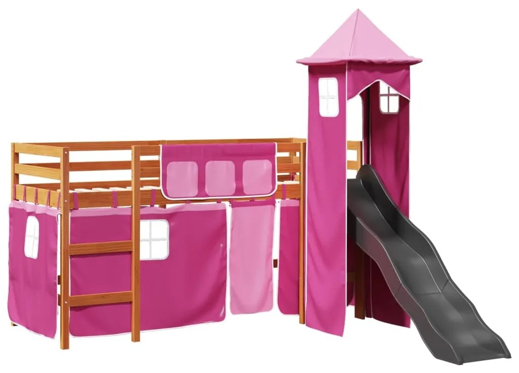 Letto a soppalco con torre bambini rosa 80x200cm massello pino