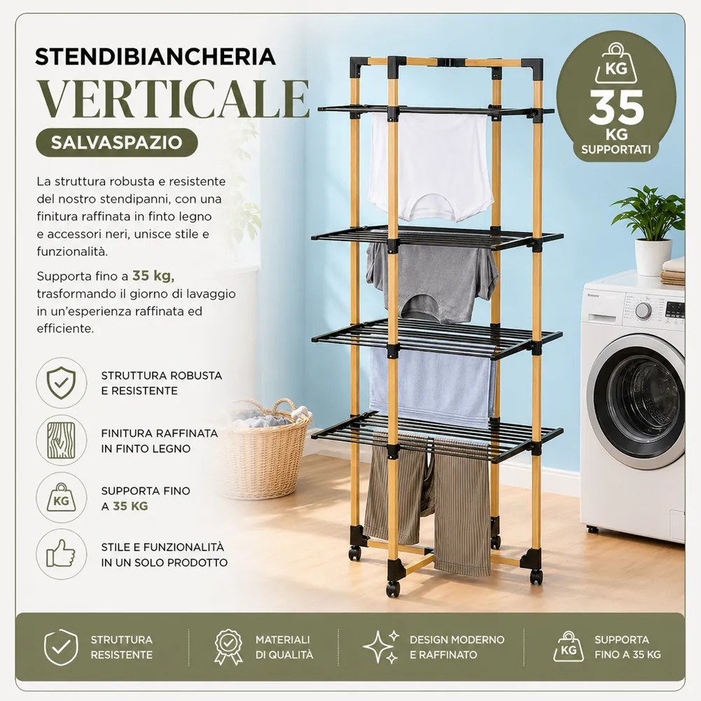 Stendibiancheria a Torre Verticale a 4 Livelli 69x69x175 cm Pieghevole con Ruote Nero e Legno...