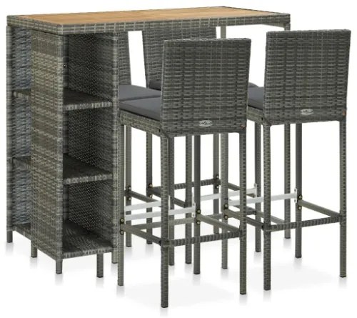 Set da Bar da Giardino 5 pz con Cuscini in Polyrattan Grigio