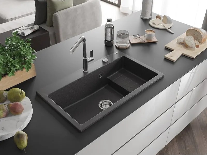 Mexen Omar lavello in granito 1-vasca 800 x 480 mm, nero maculato, sifone cromato - 6520801005-76
