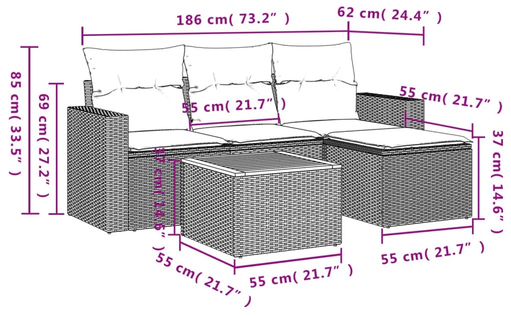 Set divani da giardino 5 pz con cuscini in polyrattan nero