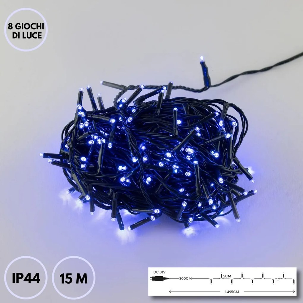 Catenaria Natalizia LED 8 GIOCHI DI LUCE 15m Cavo VERDE IP44 Luce BLU Colore Blu 460 - 465 °K