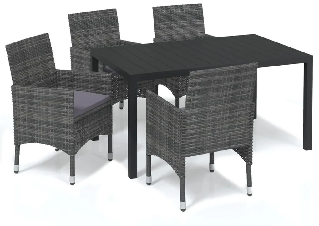 Set da pranzo per giardino 5 pz con cuscini polyrattan grigio