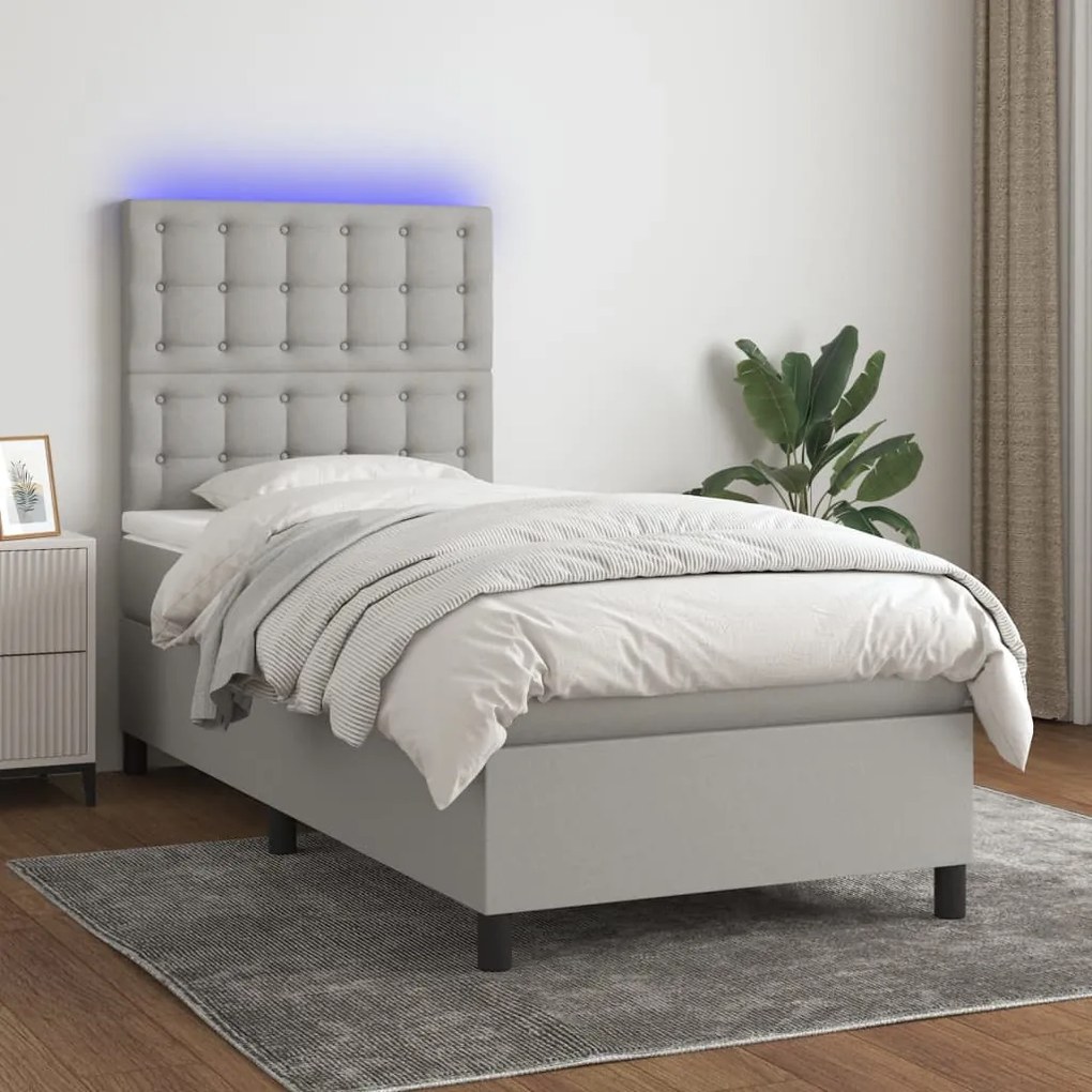 Letto a molle materasso e led grigio chiaro 90x200 cm tessuto