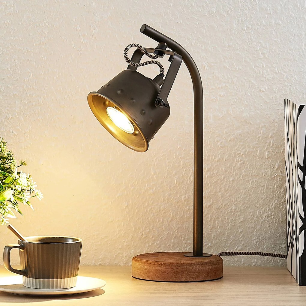Lampada da tavolo Rubinjo Lindby, Legno scuro, Soggiorno / Sala da pranzo, Legno, Vintage, Lampada da tavolo