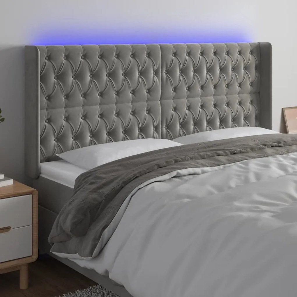 Testiera A Led Grigio Chiaro 183x16x118/128 Cm İn Velluto /