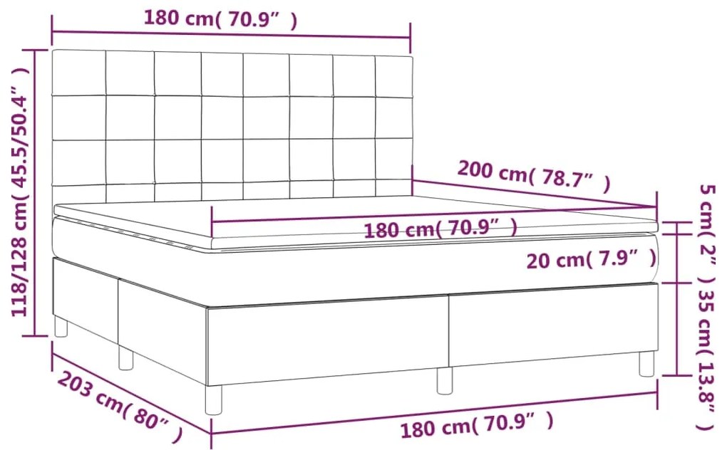 Letto a Molle Materasso e LED MarroneScuro 180x200cm in Tessuto