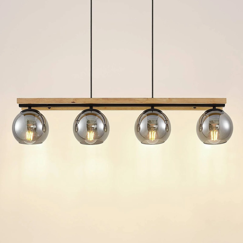 Lampada a sospensione Lindby Enrique, fumo, a 4 luci, vetro, legno, E27