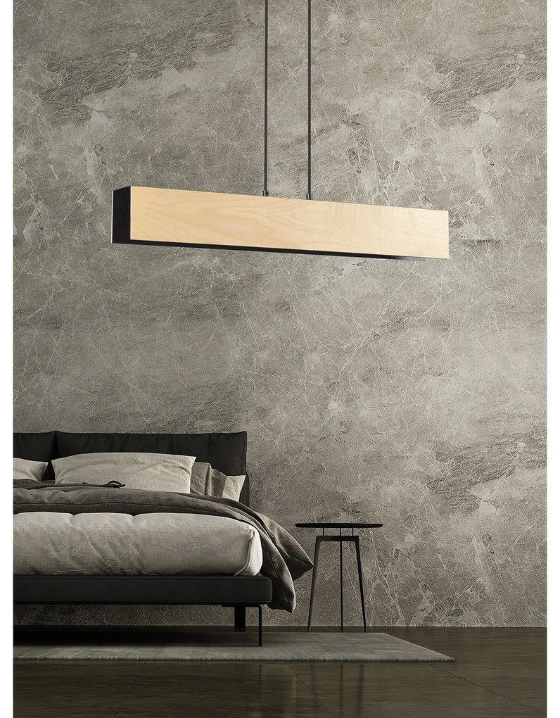 Lampadario 3 Luci Merlino In Acciaio Nero Corpo Rettangolare E Legno Naturale