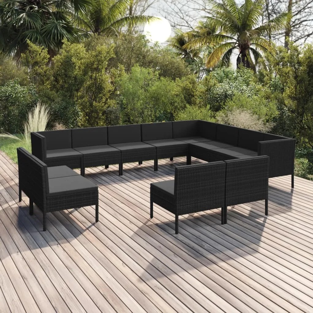 Set divani da giardino 12 pz con cuscini in polyrattan nero