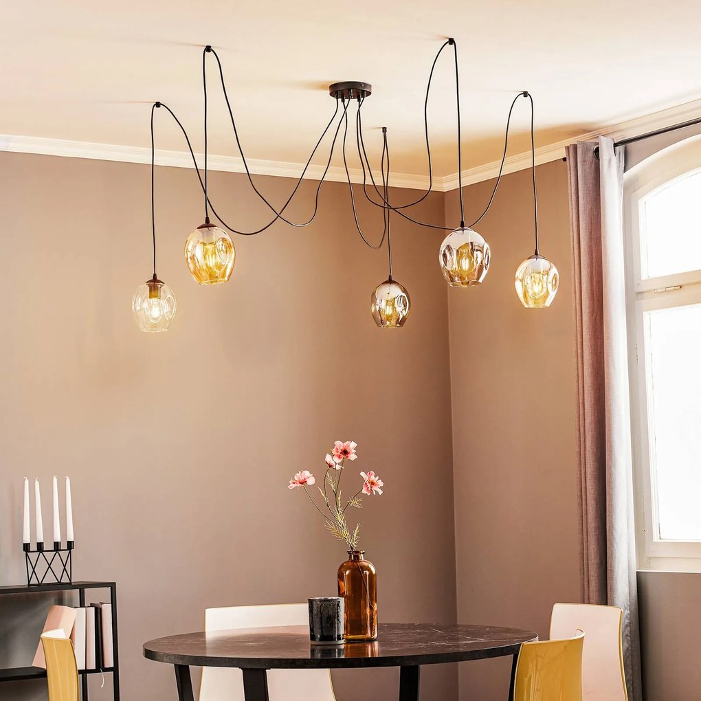 EMIBIG LIGHTING Lampada a sospensione Starla, vetro grafite/ambra/trasparente, a 5 luci,