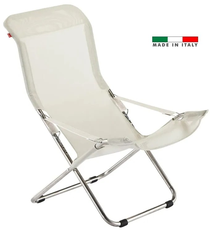 Sedia a sdraio da giardino in alluminio con braccioli pieghevole Comfort FIAM, seduta in textilene beige e bianco