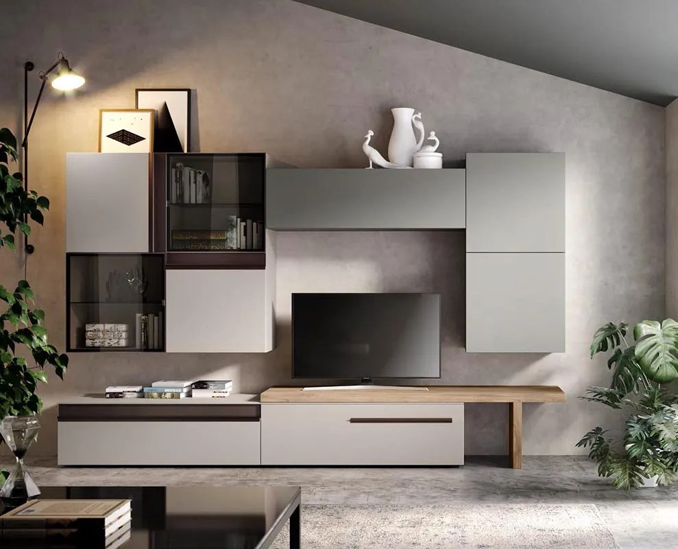 Parete attrezzata moderna Huron in finitura Cachemire, Grigio londra e Noce naturale