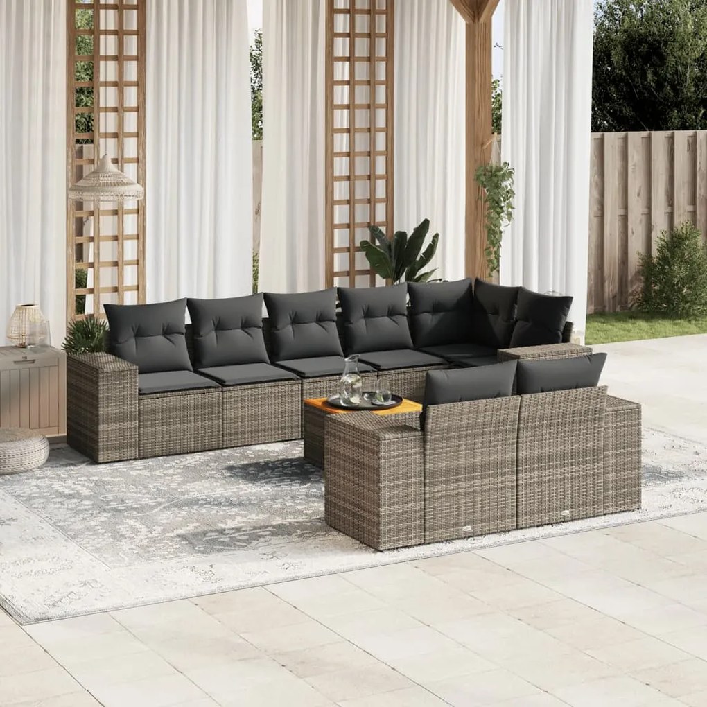 Set Divano da Giardino 9 pz con Cuscini Grigio in Polyrattan