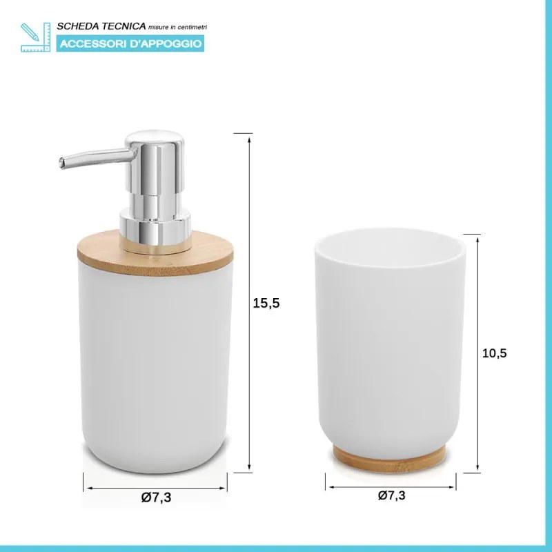 Set accessori bagno dispenser e portaspazzolini da appoggio bianco abs e bambù Surf