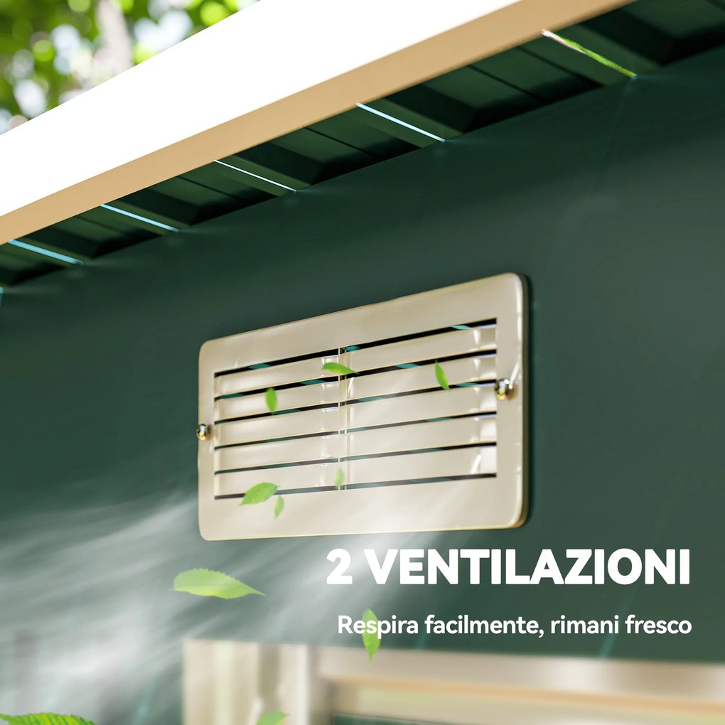 Casetta da Giardino 272x134 cm con Porte Scorrevoli Doppie e 2 Prese d'Aria in Acciaio Verde...