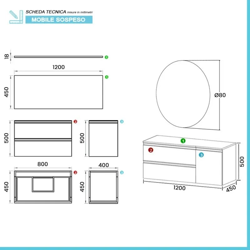 Mobile bagno sospeso 120 cm bianco opaco con anta e cassetti Master