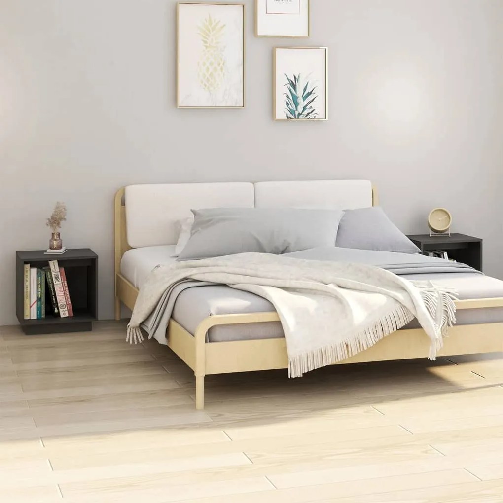 Comodini 2 Pz Grigi 40x30x40 Cm İn Legno Massello Di Pino /
