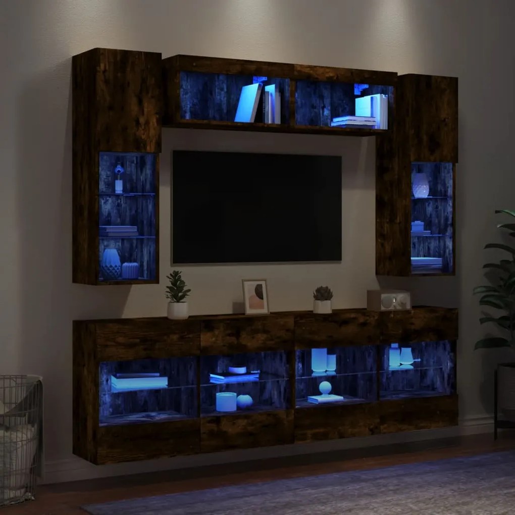 Set Mobili TV a Muro 6 pz con Luci LED Rovere Fumo