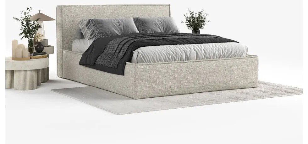 Letto matrimoniale imbottito beige con spazio contenitivo e rete 200x200 cm Lounge L - Maison de Rêve