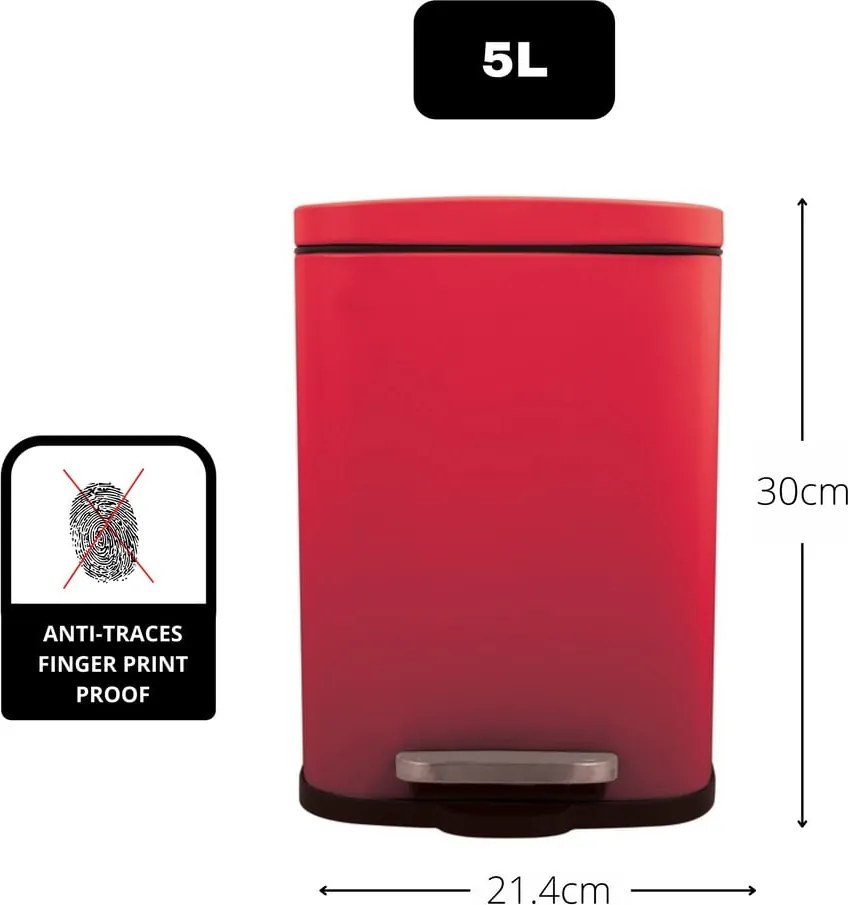 Cestino per la spazzatura rosso in acciaio con pedale 5 l Akira – Spirella