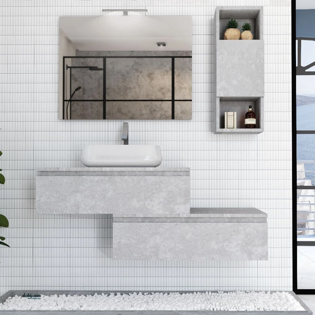 Mobile Bagno Sospeso Sfalsato 90 Cm Due Cassetti Specchio Con Lampada Led 90x70 Cm Esseci Arredo Bagno "Sorrento Piano"