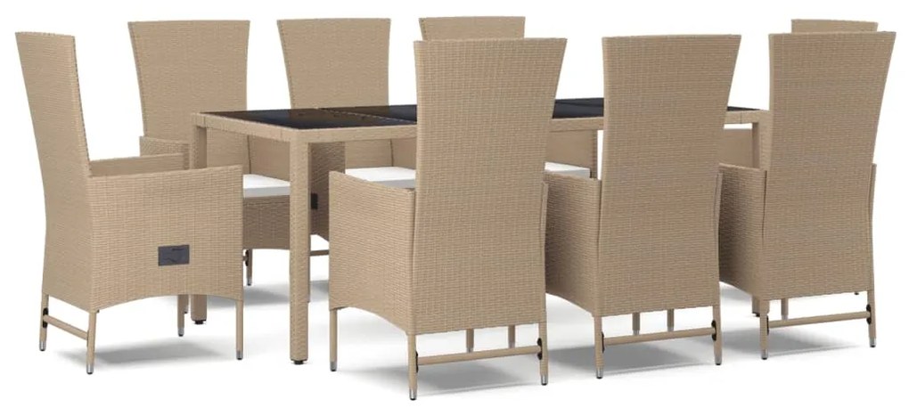 Set da pranzo da giardino 9 pz con cuscini beige in polyrattan