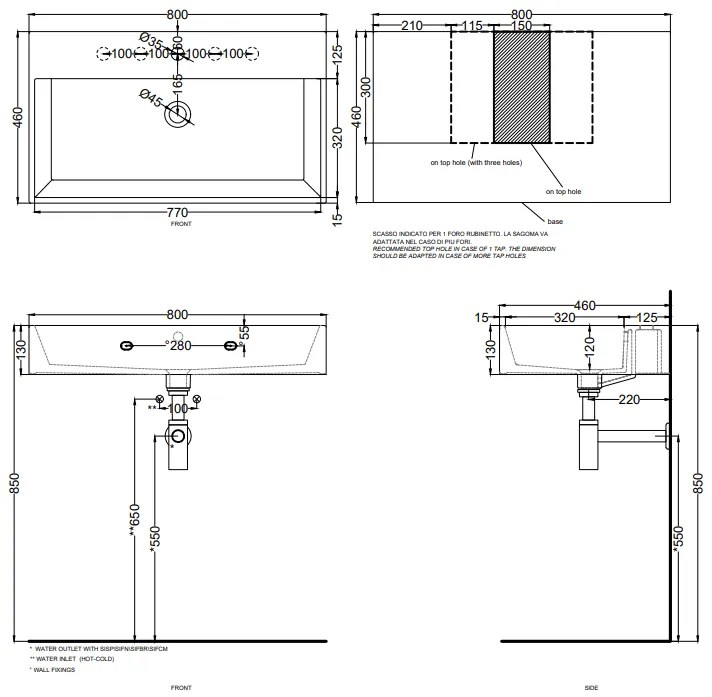 Cielo Smile Lavabo monoforo 80x46 sospeso o da appoggio con troppopieno in ceramica bianco lucido