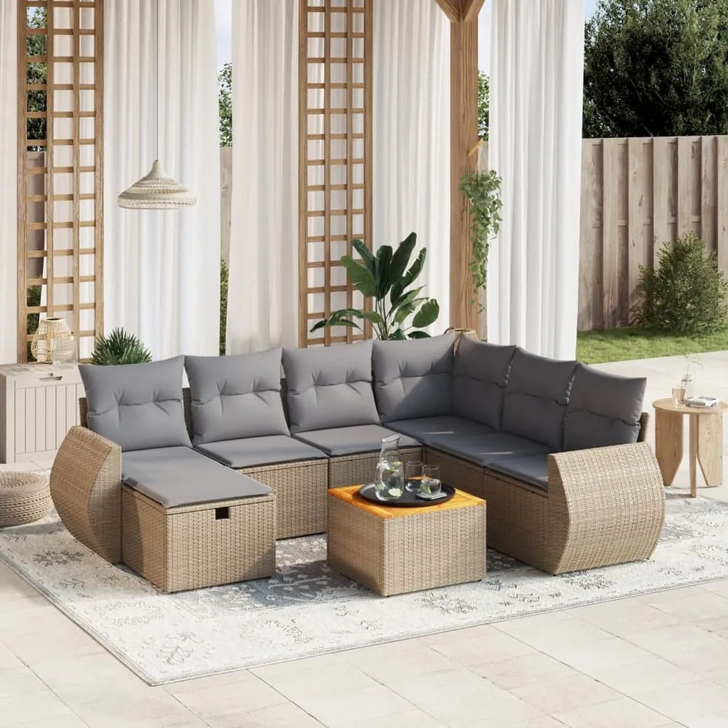 Set divano da giardino 8 pz con cuscini beige misto polyrattan