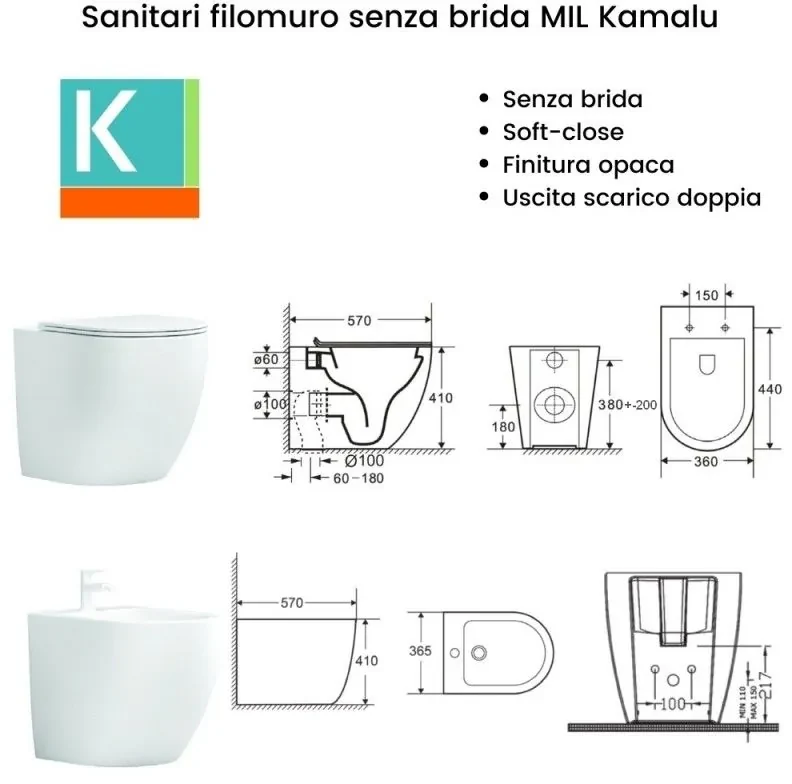 Kamalu - vaso filo parete senza brida colore bianco opaco mil-b